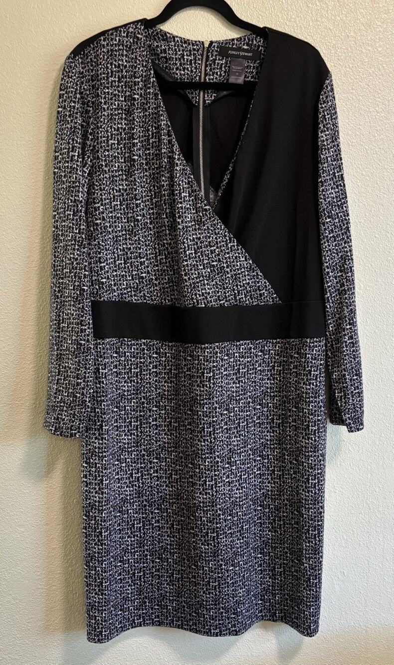 Ashley Stewart Midi Dress Black White Tweed Faux Wrap Cocktail Career Size 18